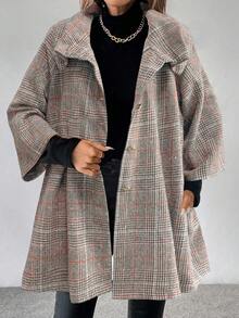 SHEIN LUNE 女士灰色可辨识格纹面料高领翻领金属纽扣设计宽松下摆七分袖优雅高贵感恩节万圣节街头休闲波西米亚风秋冬新款时尚百搭宽松羊毛外套 - 咖啡棕 - 查看 5