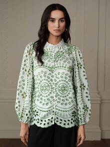 BELROSIE New Autumn French Style Casual Blouse With Intricate Embroidery, Hollow-Out Design, And Pleated Ruffle Detail, Long Sleeve - Green - View 5