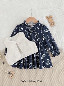 Cozy Pixies 2pcs Baby Girl Thermal Lined Sleeveless Vest & Long Sleeve Floral Print Dress Set Baby Girl Clothes Baby Girl Spring Dress Baby Vintage Dress Baby Girl Fall Dress Baby Girl Winter Dresses