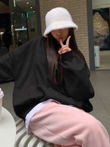 DAZY 秋冬女士宽松圆领纯色保暖内衬运动衫 - 黑色 - 查看 4