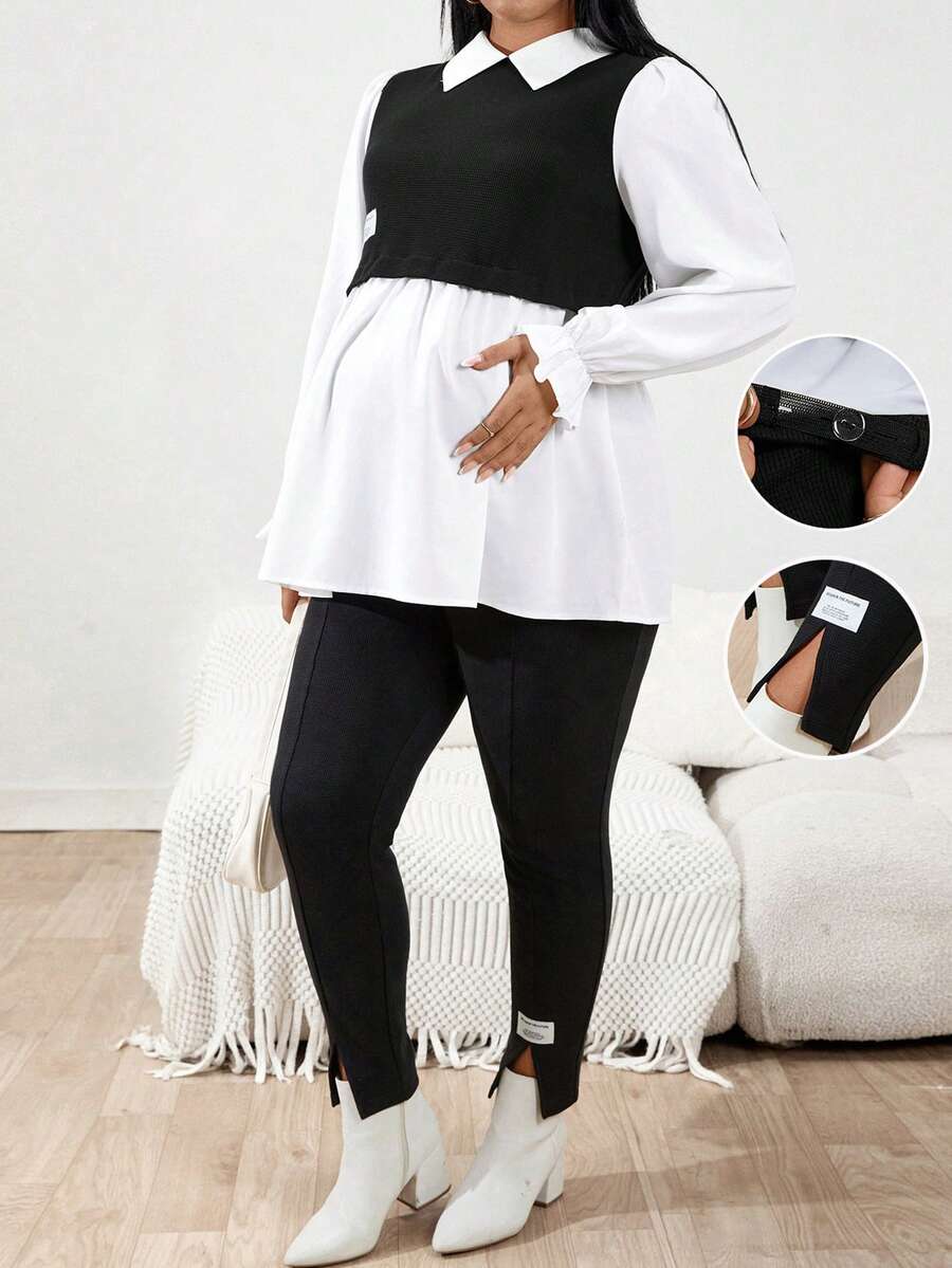 SHEIN 秋季服装，秋季孕妇装，孕妇加大码两件套，长袖上衣搭配可调节腰裤，休闲套装，加大码套装，打底裤，加大码女装，时尚加大码，加大码打底裤，加大码紧身裤，加大码女装两件套，曲线加大码，加大码套装，开衩打底裤，女士打底裤 - 黑與白 - 查看 1