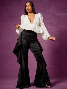 Vixey 纯色塔夫绸荷叶边喇叭裤 - 黑色 - 查看 1