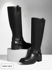 SHUZIA Women's Wide-Calf Fashion Comfortable Block Heel Mid-Calf Combat Boots With Strap And Hardware Decor For Christmas - Black - View 2