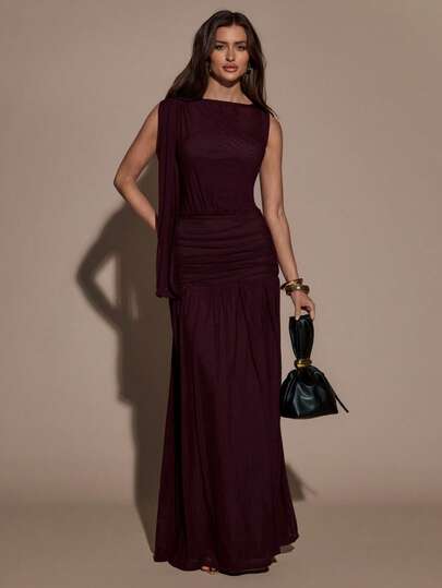 SHEIN BAE Women's Solid Color Pleated Asymmetric Collar Elegant Dress,Spring, Summer Dress,Spring Outfit Women ,Summer Outfit For Women, Valentine's Day,Valentine Outfits For Women ,Elegant ,Vacation Outfits Women ,Summer Holiday Outfits ,Casual,Beach Outfit For Women,Burgundy Dress ,