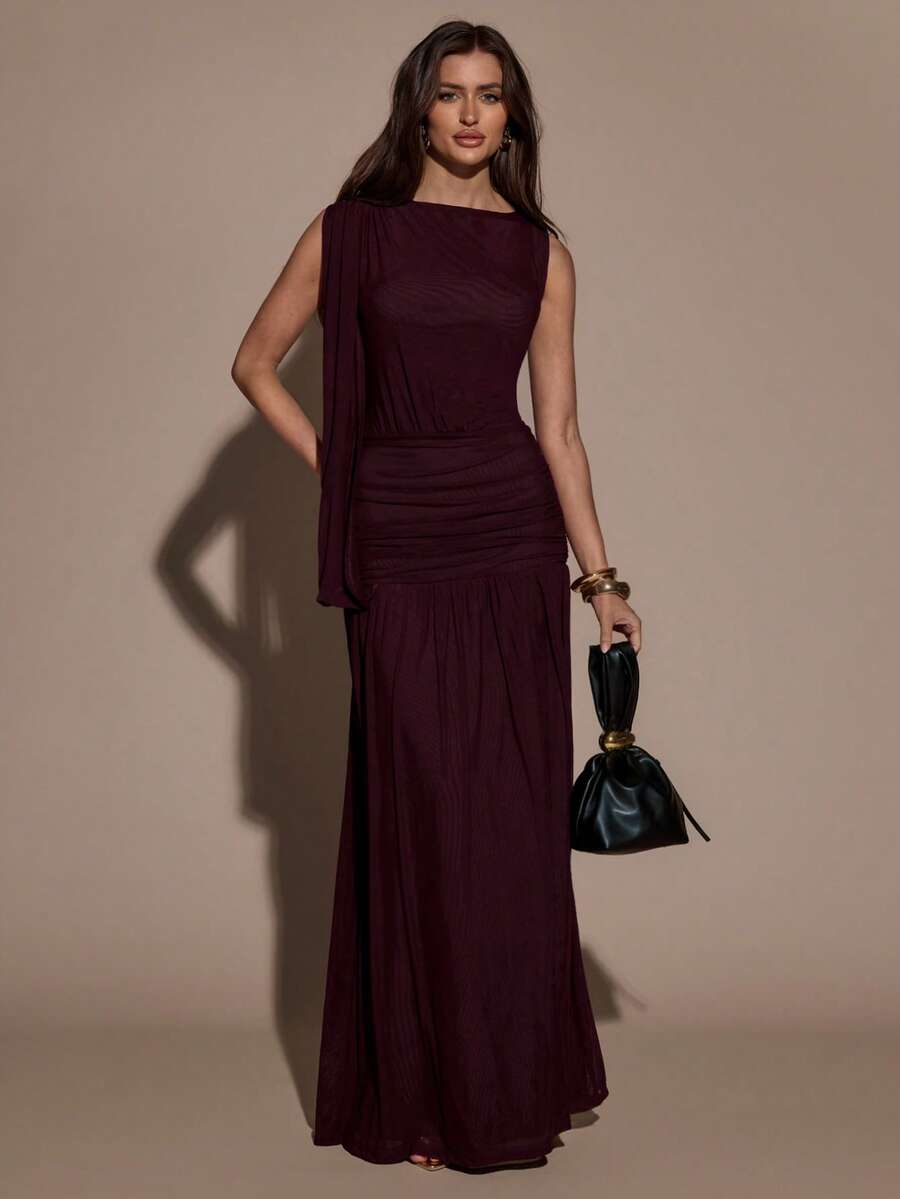 SHEIN BAE Women's Solid Color Pleated Asymmetric Collar Elegant Dress,Spring, Summer Dress,Spring Outfit Women ,Summer Outfit For Women, Valentine's Day,Valentine Outfits For Women ,Elegant ,Vacation Outfits Women ,Summer Holiday Outfits ,Casual,Beach Outfit For Women,Burgundy Dress , - Purple - View 1