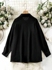 Lacomfia Blusa holgada de manga larga con aplicaciones de rhinestones, casual, cómoda y versátil, de unicolor y talla grande - Negro - Ver 2
