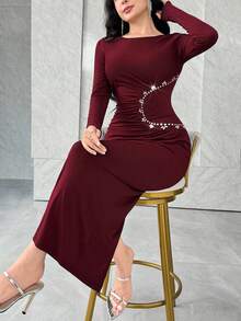 Modelyn 女士优雅水钻装饰褶皱中长修身连衣裙，秋季 - 酒紅色 - 查看 6