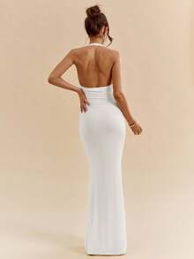 SHEIN BAE Váy yếm Maxi cổ chữ V sâu gợi cảm màu vàng kem thanh lịch dành cho nữ, Xuân/Hè - trắng - Xem 2
