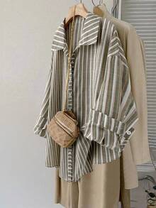 SHEIN LUNE Plus Size Women Thanksgiving For Women Fall Casual Everyday Wear, Striped Print Long Sleeve Shirt, Casual Loose Comfy Long Style New Year Women's For Home And Vacation, Fall, Thanksgiving Women Christmas For Women Blouse Casual Loose Comfy Long Style For Home And Vacation, Fall Shirt Holiday Blouse - Multicolor - View 1