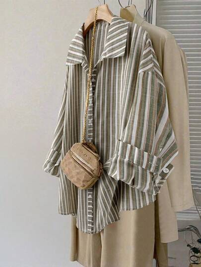 SHEIN LUNE Plus Size Women Thanksgiving For Women Fall Casual Everyday Wear, Striped Print Long Sleeve Shirt, Casual Loose Comfy Long Style New Year Women's For Home And Vacation, Fall, Thanksgiving Women Christmas For Women Blouse Casual Loose Comfy Long Style For Home And Vacation, Fall Shirt Holiday Blouse