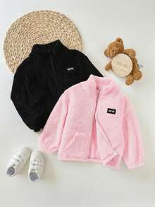 SHEIN Young Girl Letter Applique Long Sleeve Zip-Up Fleece Jacket, Autumn/Winter  Fashion - Black - View 5