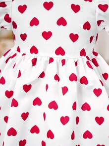 Elegant And Adorable White Polka Dot Dress With Heart And Butterfly Embellishments, Baby Girl Style, Valentine's Day Heart Design, 3D Bow Puff Sleeve Dress, Elegant White Dress With Heart Motifs, Graceful And Cute. - Multicolor - View 7