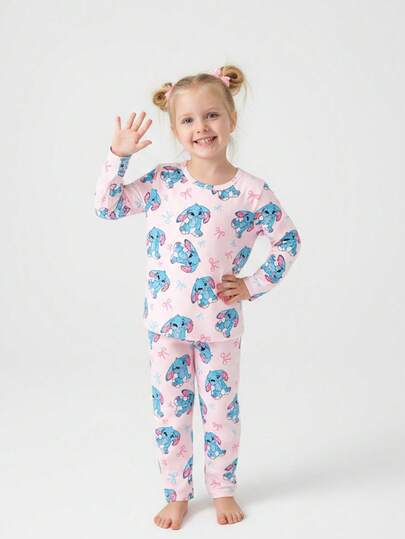 Toddler Girls' Cute Blue Rabbit Bow Print Pink 2 Pieces Set, Adorable & Lively Style, Soft & Comfortable Knit Fabric, Long Sleeve Top & Pants, Homewear Fall Winter