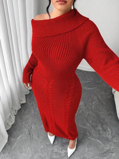 Elenzga Women's Plus Size Loose Knit Sweater Dress, Off-Shoulder, Casual Outerwear, Plus Size, Autumn/Winter
