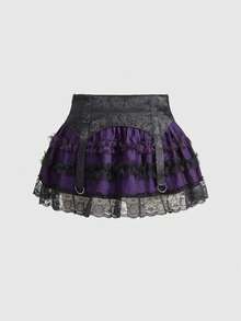 ROMWE Goth 情人节哥特式提花网纱蕾丝拼接蛋糕边低腰迷你裙 - 紫色 - 查看 2