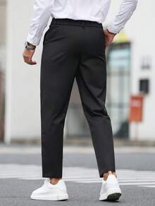 Calvornis Men's Modern Fit Cropped Black Woven Trousers With Unique Buckle Detail For Business And Everyday Wear Men Black Dress Pants Men Trousers - Black - View 2