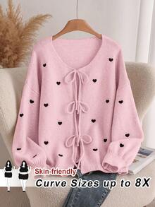 SHEIN CURVE+ 大码女式心形开衫，法式优雅时尚秋冬外套毛衣开衫，淡季 - 粉色 - 查看 1