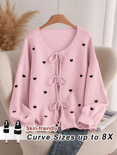 SHEIN CURVE+ Plus Size Women's Heart Shaped Cardigan Sweater, French Elegant Fashion Autumn/Winter Outerwear Sweater Cardigan, Off-Season/Valentine's Day