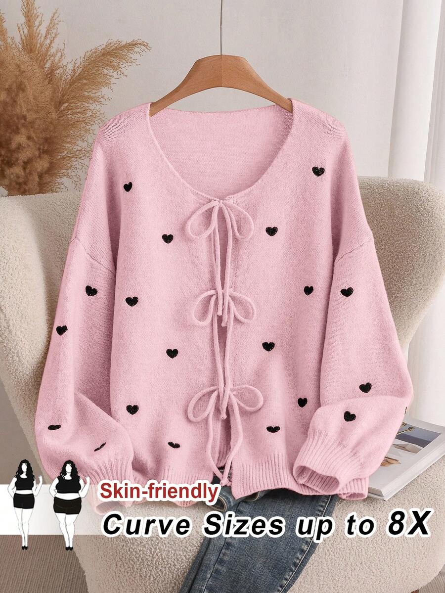 SHEIN CURVE+ 大码女式心形开衫，法式优雅时尚秋冬外套毛衣开衫，淡季 - 粉色 - 查看 1