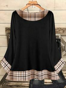 EMERY ROSE 大码女式休闲浪漫全印花圣诞格子图案撞色印花圆领宽松七分袖衬衫，黑色 - 彩色 - 查看 2