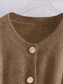 Franclia Rundhalsad lång stickad tröjklänning för kvinnor med knappar och bälte - Brun - Visa 4