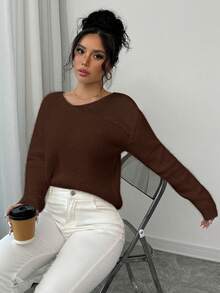 Rafferiza Suéter casual holgado de mujer de cuello redondo, manga larga y hombros caídos, de unicolor, para otoño/invierno - Café integral - Ver 3