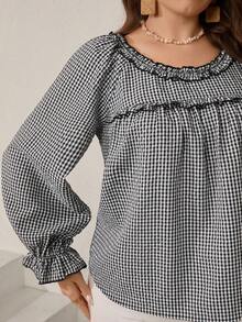 EMERY ROSE 大码女式荷叶边领格子长袖宽松衬衫，秋冬款，外出穿着，2025新款，简约时尚，适合日常穿着，大码冬季款，感恩节女装 - 黑與白 - 查看 4