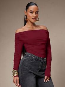 Silquee 女士纯色简约露肩紧身衣，日常穿着 - 酒紅色 - 查看 4
