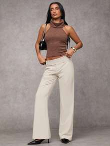 SHEIN BAE 女士纯色口袋休闲喇叭裤 - 奶油色 - 查看 6