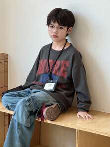 DAZY 青少年男童宽松休闲字母印花抓绒卫衣，秋季款 - 深灰色 - 查看 3