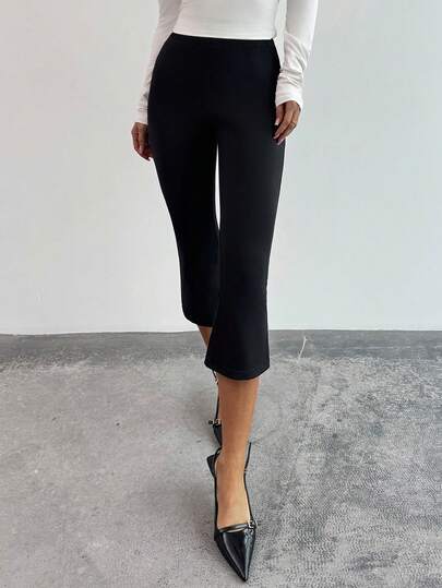 Firerie Women's Elegant Minimalist Slim Fit Leggings, Black High Waist Skinny Flare Leg Knit Tights, Suitable For Daily Wear, Versatile, Casual, Teacher, Going Out, Home