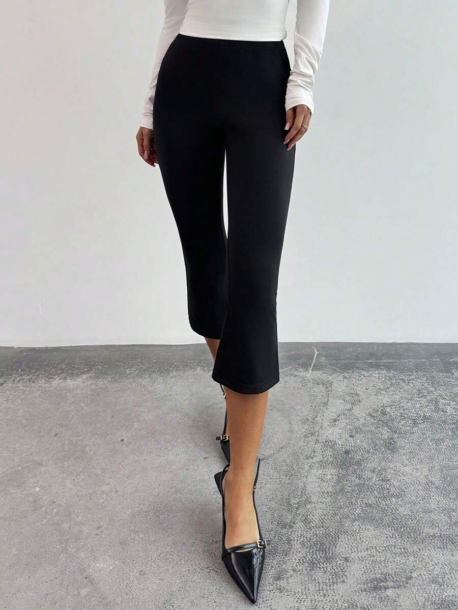 Firerie 女士优雅简约修身打底裤，黑色高腰紧身喇叭针织裤腿，适合日常穿着，百搭休闲，教师、外出、居家皆宜。 - 黑色 - 查看 1