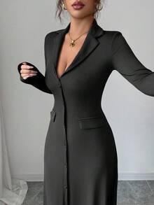 SHEIN Elenzya Gaun Rajut Elegan Bergaris Polos Ukuran Standar Wanita, Musim Gugur/Dingin - Hitam - View 7