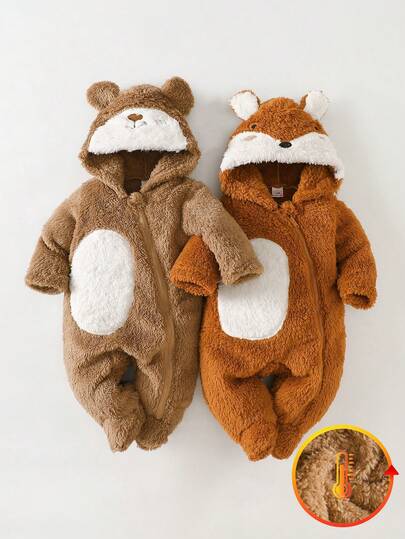 2pcs Newborn Baby Bear & Fox Pattern Footie Pajamas, Casual Cute Cozy Fleece Jumpsuit For Indoor & Outdoor Wear