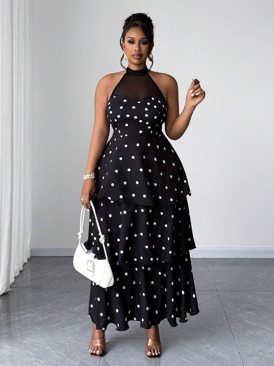 Maweii Rochie elegantă pentru damă, mărimi mari, neagră cu buline albe, din straturi, cu patchwork din plasă, rochie formală pentru toamnă, nuntă, petrecere de vacanță și vacanță - Negru - Vizualizare 1