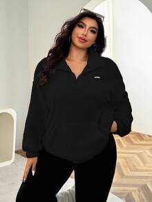 Solflare Plus Size Women's Casual Loose Fit Drop Shoulder Black Sweatshirt, Autumn/Winter - Black - View 4