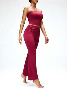 SHAPORA Women's Solid Color Bandeau Top And Waist Ruffle Flare Pants Pajama Set - Red Violet - View 1