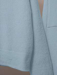 Franclia 2 件套女士休闲纯色针织毛衣套装，有领纽扣开衫和前蝴蝶结口袋针织裤 - 藍色 - 查看 5