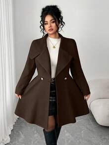 Elenzga Plus Size Overcoats With Waist Cinching Design And Metal Buckle - Coffee Brown - View 5