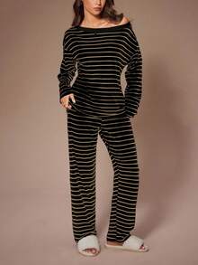 Lazeform 大码女式条纹印花休闲斜肩家居服套装，冬季服装 - 黑色 - 查看 4