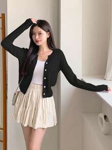 DAZY Women Casual Solid Color Twist Knit Fitted Cardigan, Autumn/Winter - Black - View 6