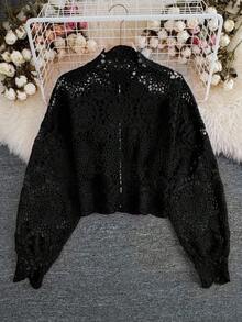 Franclia Women's Autumn Floral Lace Hollow Zipper Front Long Sleeve Blouse Women Shirt - Black - View 2