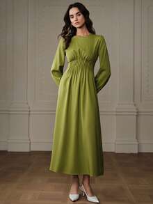 Aveloria Robe à col rond plissée avec cordon de serrage à la taille, manches longues, design mode et polyvalent - Vert - Voir 3