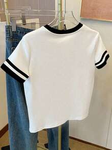 Resyla 女士加大码曲线蝴蝶结印花宽松休闲撞色条纹圆领T恤