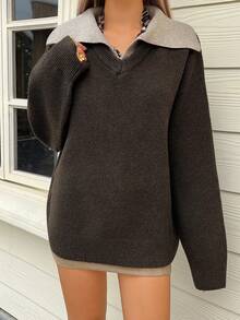 DAZY Women's Casual Colorblock Patchwork 2 In 1 Turtleneck Sweater, Autumn/Winter - Coffee Brown - View 8