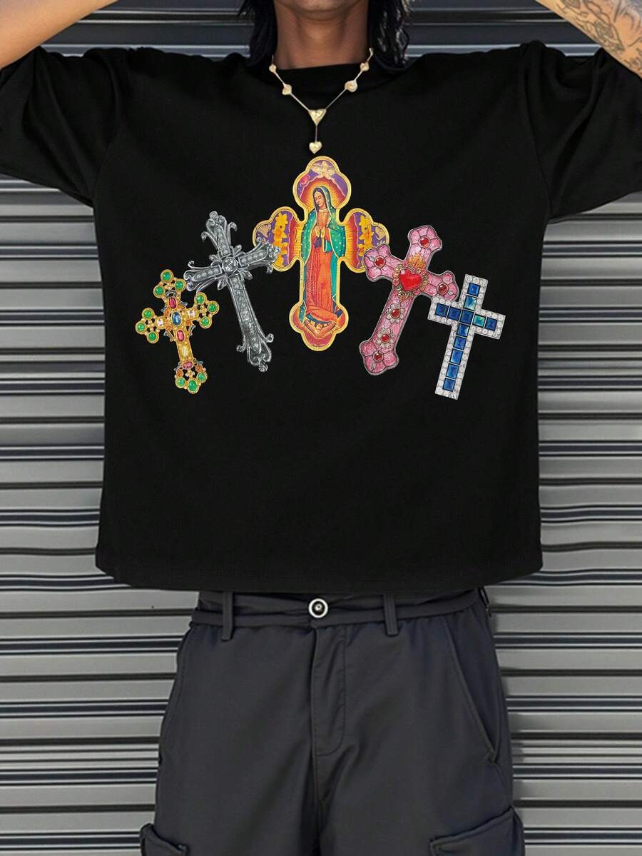Manfinity Dauomo Comfortable Men's Solid Loose Crew Neck T-Shirt, Our Lady Of The Cross Print T-Shirt, Crew Neck, Short Sleeve, Concert Wear T-Shirt, Vintage Shirt, Graphic T-Shirt, Funny Shirt, Friend Gift, - Black - View 1