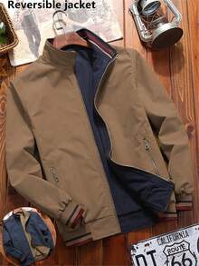 Manfinity Homme 加大码男士卡其色和海军蓝双面长袖修身立领拉链夹克 男士摩卡色飞行员夹克 男士夹克 休闲双面夹克 飞行员夹克 男士外套