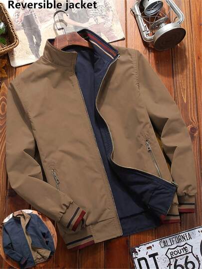 Manfinity Homme Plus Size Men's Khaki And Navy Reversible Long Sleeve Regular Fit Stand Collar Zipper Jacket Men Mocha Bomber Jacket Men Jackets Casual Reversible Jacket Bomber Jacket Men Outerwear