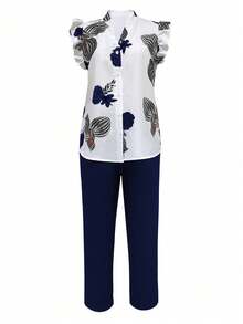 SHEIN LUNE 女士度假植物印花短袖衬衫和裤子休闲两件套（腰带为装饰性） - 藏蓝色 - 查看 4