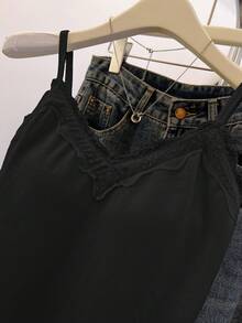 SHEIN Franclia 女士纯色蕾丝拼接优雅吊带衫 - 黑色 - 查看 6